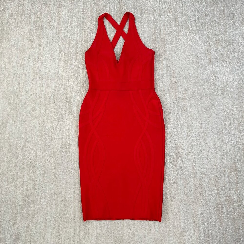 House of CB Cici Red Deep V Plunge Bandage Bodycon Midi Dress L